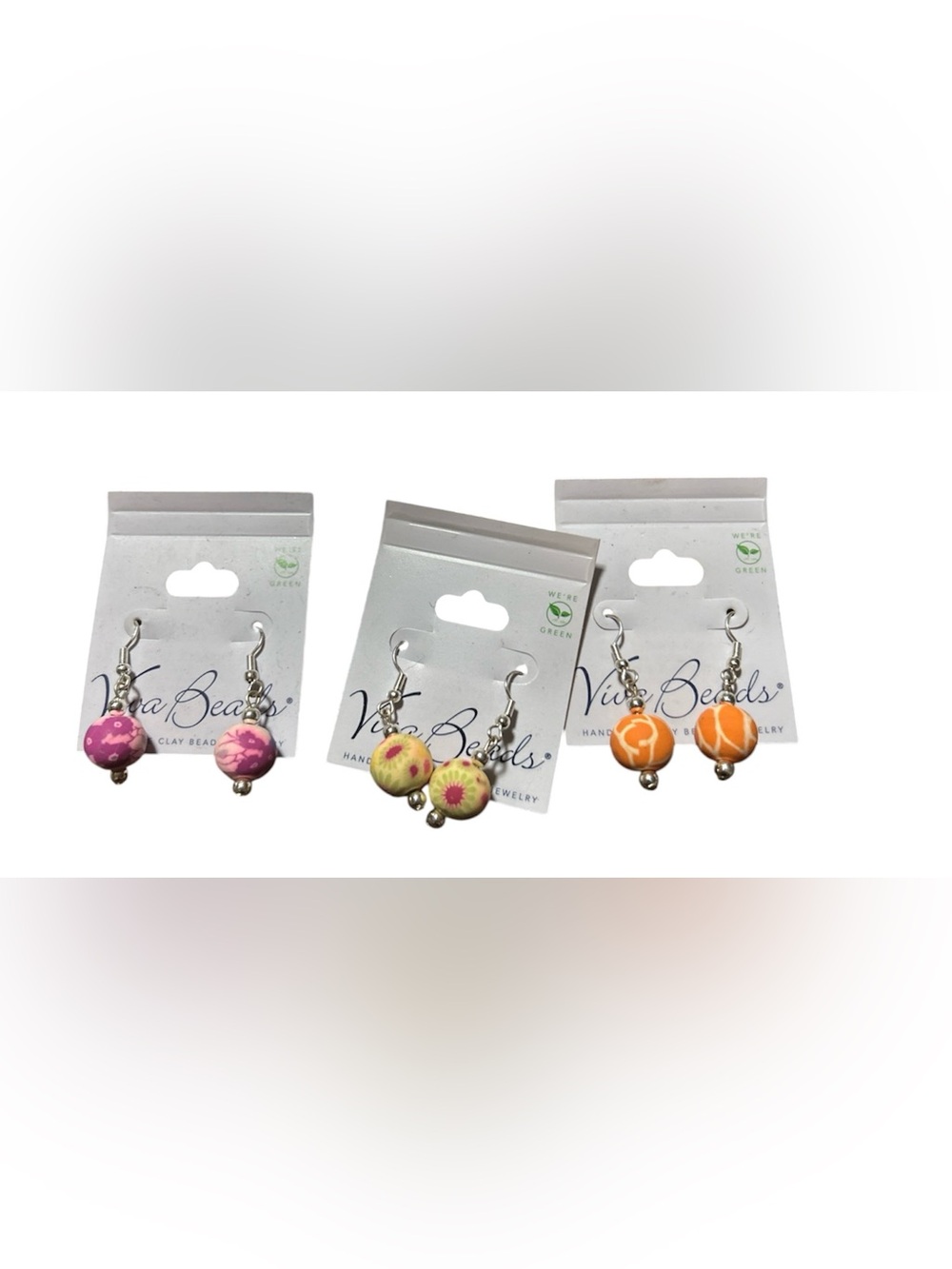 NWT 3 Pair Viva Beads Handmade Colorful Calico Floral Clay Bead Drop Earrings
